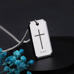 Personalisierte Gravur Wolfram Ketten für Herren: Quadratischer Militärmedaillenanhänger mit Kreuzgravur