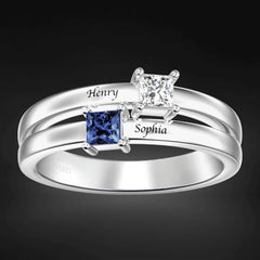 Personalisierter 925 Silber Geburtsstein Ring Doppelring mit 2 quadratischen Steinen – Name & Innengravur, perfekte Geschenk für Sie Ihn