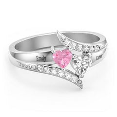 Personalisierter 925 Silber Geburtsstein Diagonaler Traumring mit Herz Ring – Namensgravur & Innengravur, perfekte Geschenk für Sie