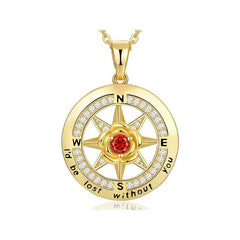 925 Silber Kompass Halskette mit Rose & Geburtsstein – Gravur „I’d be lost without you“, Geschenk zum Geburtstag & Abschluss