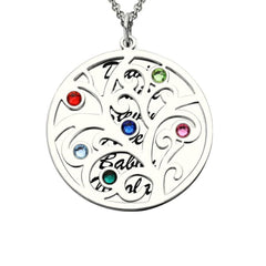 Personalisierte Geburtssteinkette mit Namensgravur –Lebensbaum im Kreis & Namensmedaillon, Perfektes Geschenk für Mama Oma