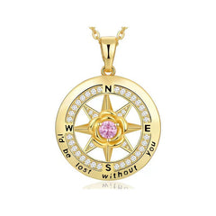 925 Silber Kompass Halskette mit Rose & Geburtsstein – Gravur „I’d be lost without you“, Geschenk zum Geburtstag & Abschluss