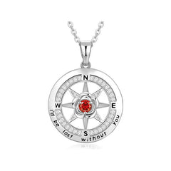 925 Silber Kompass Halskette mit Rose & Geburtsstein – Gravur „I’d be lost without you“, Geschenk zum Geburtstag & Abschluss