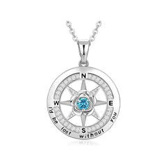 925 Silber Kompass Halskette mit Rose & Geburtsstein – Gravur „I’d be lost without you“, Geschenk zum Geburtstag & Abschluss