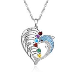 Personalisierte Geburtssteinkette mit Namensgravur – Delfin jagt Wellen Herz Anhänger, Kreative Geschenke für Familie & Team