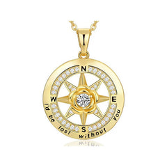 925 Silber Kompass Halskette mit Rose & Geburtsstein – Gravur „I’d be lost without you“, Geschenk zum Geburtstag & Abschluss