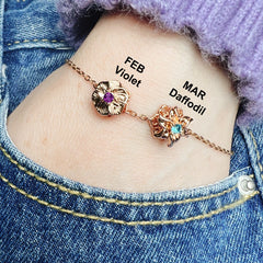 Personalisiertes Drehbares Geburtsblumen Armband mit Geburtssteinen – 1–9 Blumen wählbar, spielbarer Schmuck Geschenk für Sie