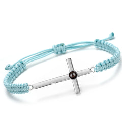 925 Silber Personalisierte Handgemachtes Geflochtenes Armband mit Bild im Stein - Sterlingsilber Kreuz Anhänger