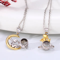 925 Silber Paar Kette mit Bild im Stein - Kleine Prinz & Fuchs Weltraumreise, Personalisierte Geschenk für Paare & BFF