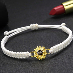 Personalisierte Goldener Sonne Sonnenblume Armband mit Bild im Stein - Verstellbares handgefertigtes Flecht Segeltau Armband Geschenk