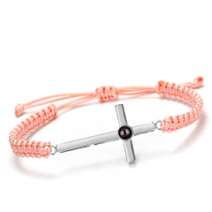 925 Silber Personalisierte Handgemachtes Geflochtenes Armband mit Bild im Stein - Sterlingsilber Kreuz Anhänger