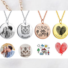 Personalisierte 925 Silber Münzhalskette mit Bild - Skizze Gravur Foto Haustier Kinderzeichnung Fingerabdruck & Name