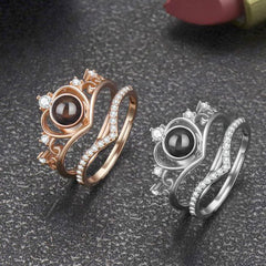 Personalisierter 925 Silber Foto Projektionsring – Herz mit Krone & Zirkonia, Gravur & Bild, Stapelbar & verstellbar