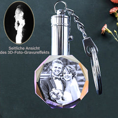 Personalisierte Kristall Schlüsselanhänger - Achteckiger Runder Anhänger mit Gravur 2D/3D-Skizzenfoto,Erinnerungs Geschenk