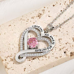 925 Silber Personalisierte Herz kette mit Geburtsstein – Unendlichkeit & Doppelherz mit Gravur „I love you, for always and for ever“