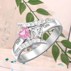 Personalisierter 925 Silber Geburtsstein Diagonaler Traumring mit Herz Ring – Namensgravur & Innengravur, perfekte Geschenk für Sie