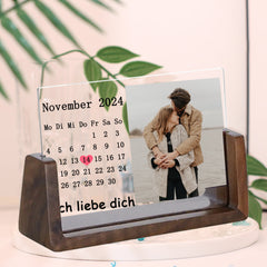 Personalisierter Acryl-LED-Bilderrahmen mit Holzsockel – Individueller Kalender, Foto & Botschaft, Perfektes Geschenk für Muttertag & Jubiläum