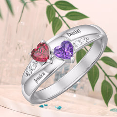 Personalisierter 925 Silber Geburtsstein Doppelter Herzring – Namensgravur & Innengravur, perfekte Geschenk für sie, um Liebe auszudrücken