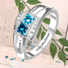Personalisierter 925 Silber Ring mit zwei Geburtssteinen – Quadratischer Diamantring,Perfektes Geschenk für Mama oder die Liebste