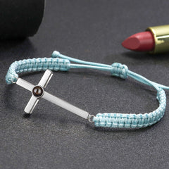 925 Silber Personalisierte Handgemachtes Geflochtenes Armband mit Bild im Stein - Sterlingsilber Kreuz Anhänger