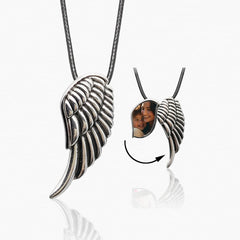 925 Silber Personalisierte Foto Medaillon Kette – 3D Engelsflügeln Anhänger, Wächter Geschenke für Männer