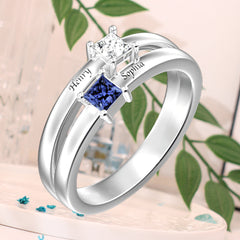 Personalisierter 925 Silber Geburtsstein Ring Doppelring mit 2 quadratischen Steinen – Name & Innengravur, perfekte Geschenk für Sie Ihn