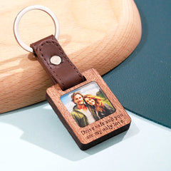 Personalisierter Foto Leder Holz Schlüsselanhänger mit Worte, Mini-Fotorahmen,Kreatives Erinnerungs Geschenk