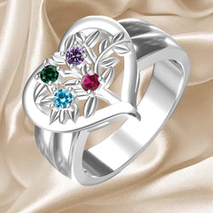 925 Silber Personalisierter Lebensbaum Herz Geburtsstein Ring mit Gravur - Familienring mit Namen, Geschenk für Mama Oma