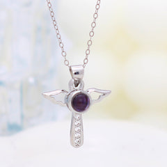 Personalisierte Kette mit Bild im Stein - Flügel Kreuz Anhänger mit Foto, Erinnerung Geschenk für Frauen