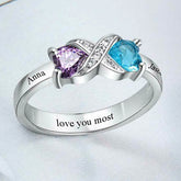 Personalisierter Unendlichkeitsring mit 2 Geburtssteinen & Namen – Herz oder Runder Zirkon, Innengravur möglich