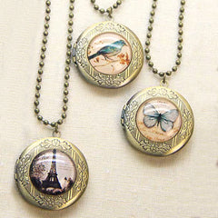 Personalisierte Foto Medaillon Runder Kette mit antiker Kupferblumenrelief & Resin Schmetterling Vogel Eiffelturm,Erinnerungs Geschenk