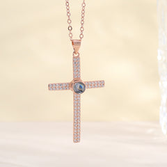 Personalisierte Silber Luxuriöse Glitzer Kreuz Kette mit Bild im Stein – Funkelndes Kreuz mit Foto Projektion