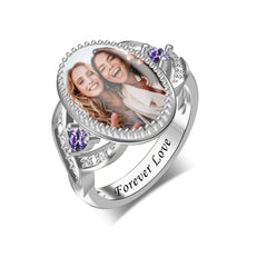 Personalisierter Unendlichkeit Ovalring mit Foto & Gravur – Mit lila Zirkonia
