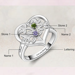 925 Silber Personalisierter Lebensbaum Herz Geburtsstein Ring mit Gravur - Familienring mit Namen, Geschenk für Mama Oma