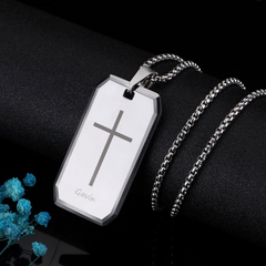 Personalisierte Gravur Wolfram Ketten für Herren: Quadratischer Militärmedaillenanhänger mit Kreuzgravur