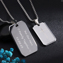 Personalisierte Gravur Wolfram Ketten für Herren: Quadratischer Militärmedaillenanhänger mit Kreuzgravur