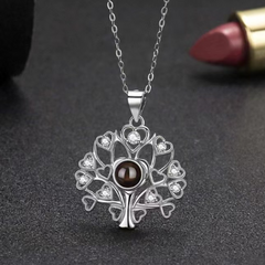 Personalisierte Projektions Kette mit Bild drin – Lebensbaum mit Herzen & Zirkonia, 925 Silber Geschenk für Sie