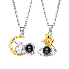 925 Silber Paar Kette mit Bild im Stein - Kleine Prinz & Fuchs Weltraumreise, Personalisierte Geschenk für Paare & BFF