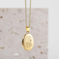 Vergoldete Ovale Foto Medaillon Halskette mit Sonne Mond Böser Blick - Personalisierte Fotos & Text,Erinnerung Schmuck Geschenk für Sie