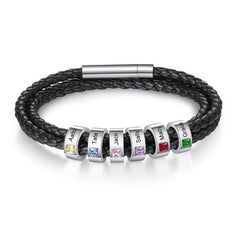 Personalisierte Multitour Geflochtenes Leder Armband mit Gravur & Geburtsstein - Optional Mehrere Namen, Geschenk für Männer