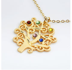 Personalisierte Lebensbaum Namenskette mit Geburtssteinen – 925 Silber, Geschenk für Mama, Oma oder Teammitglieder