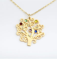 Personalisierte Lebensbaum Namenskette mit Geburtssteinen – 925 Silber, Geschenk für Mama, Oma oder Teammitglieder