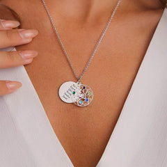 Personalisierte Geburtssteinkette mit Namensgravur –Lebensbaum im Kreis & Namensmedaillon, Perfektes Geschenk für Mama Oma