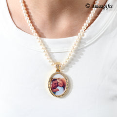 Personalisierte Perlen Kette mit Foto Bild – Ovaler Anhänger mit Zirkonia für Sie