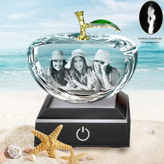 Personalisierter 3D Kristall mit Foto - Apfel Glasblock mit Lasergravur und LED-Sockel für einzigartige Erinnerungen und personalisierte Geschenke