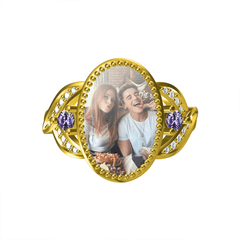 Personalisierter Unendlichkeit Ovalring mit Foto & Gravur – Mit lila Zirkonia