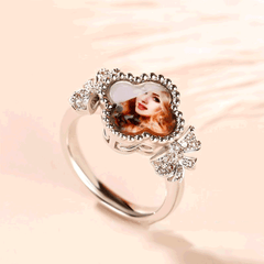 Personalisierter 925 Silber Kleeblatt Schleifen Ring mit Foto und Innengravur - Einzigartiges Erinnerungs Geschenk für sie