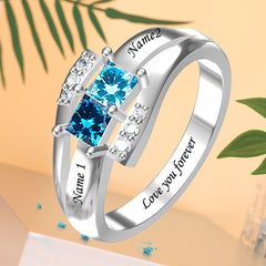 Personalisierter 925 Silber Ring mit zwei Geburtssteinen – Quadratischer Diamantring,Perfektes Geschenk für Mama oder die Liebste