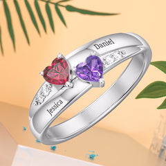 Personalisierter 925 Silber Geburtsstein Doppelter Herzring – Namensgravur & Innengravur, perfekte Geschenk für sie, um Liebe auszudrücken