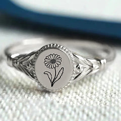 Personalisierter 925 Silber Ring mit Gravur – Sonnenblume mit Foto, Geburtsblume oder Name